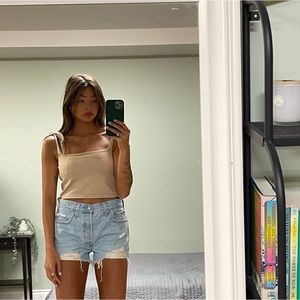 Tie sleeve tan tight knitted top. Perfect for summer with your fav denim shorts